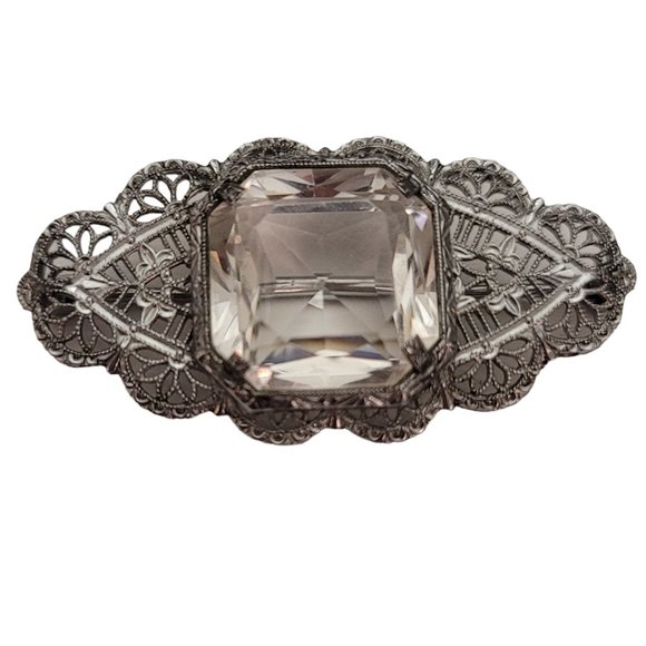 Silver Tone Rhodium Plated Art Deco Clear Rhinestone Filigree Brooch Pin E199 - Picture 1 of 9